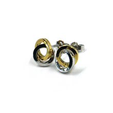 Load image into Gallery viewer, 18k yellow white gold stud 11mm double circle, circles hug earrings
