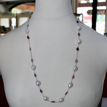 Load image into Gallery viewer, 18K ROSE GOLD LONG NECKLACE ROLO, BIG 12mm PEARLS &amp; TOURMALINE DROPS 26.7&quot;
