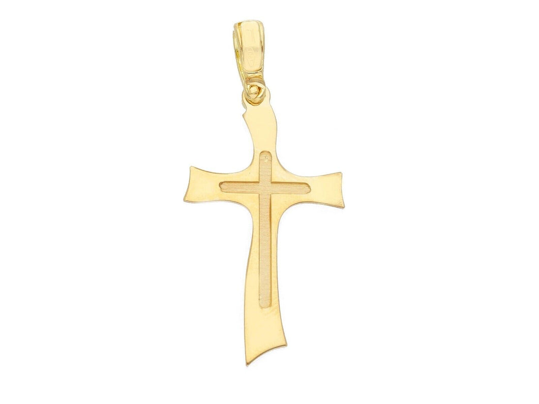 Solid 18k yellow gold flat cross very luster, satin in the center made in Italy