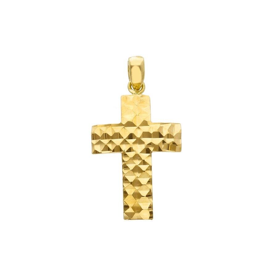 Solid 18k yellow gold flat cross luster and shiny hammered 20mm Cross