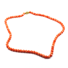 Load image into Gallery viewer, 18k yellow gold necklace 20&quot; with 5mm rose pink bamboo coral round beads spheres
