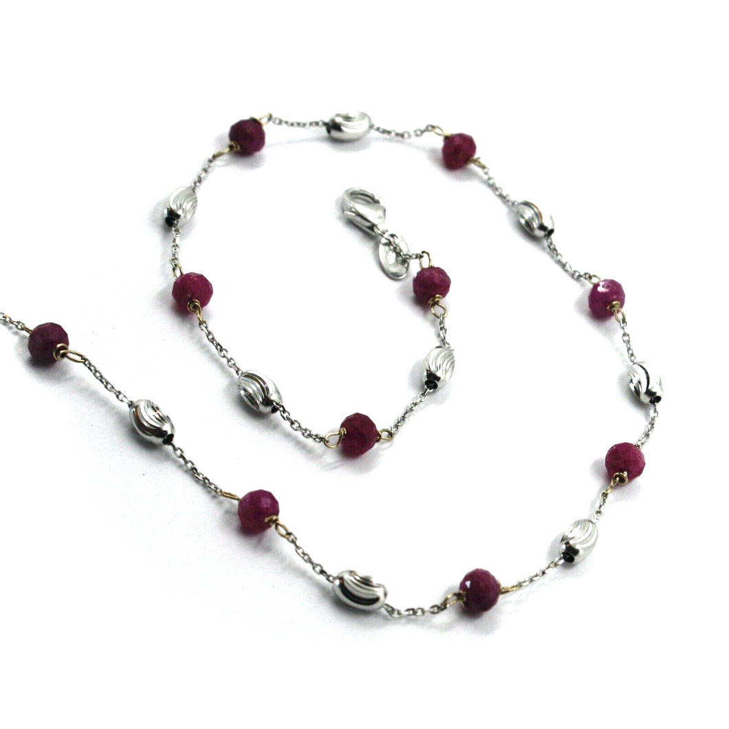 18k white gold necklace alternate 4mm red ruby & 3mm faceted white ovals, 16