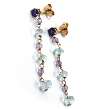 Load image into Gallery viewer, 18k rose gold 4.2cm long earrings with aquamarine, purple zirconia, amethyst
