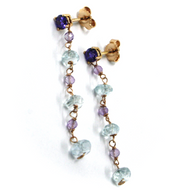 Pendientes de oro rosa de 18k de 4,2cm de largo con aguamarina, circonita morada y amatista. 