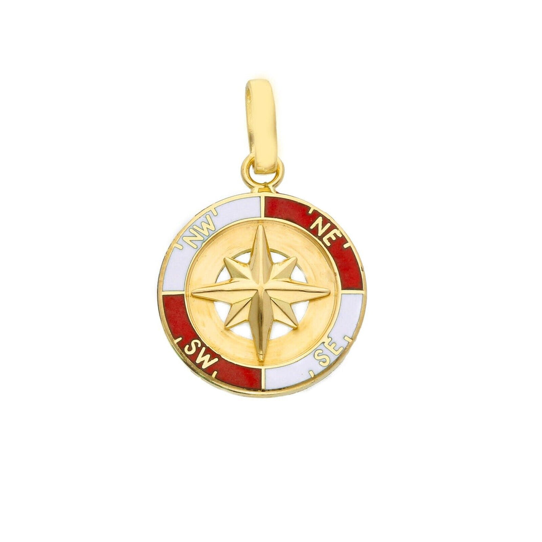 solid 18k yellow gold, white and red enamel round pendant 17mm, compass medal