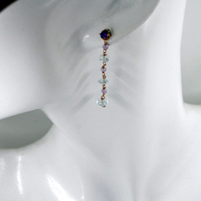 Load image into Gallery viewer, 18k rose gold 4.2cm long earrings with aquamarine, purple zirconia, amethyst
