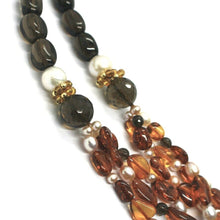 Load image into Gallery viewer, 18K YELLOW GOLD 3 WIRES LONG NECKLACE PEARLS, AMBER, SMOKY QUARTZ, 90cm 35&quot;
