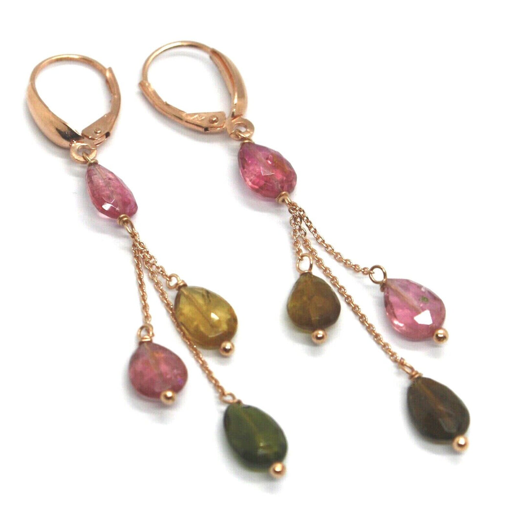 18K ROSE GOLD LONG EARRINGS, 3 WIRES, PURPLE YELLOW GREEN TOURMALINE DROPS