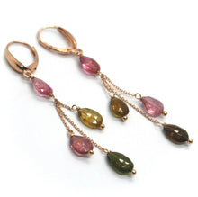 Load image into Gallery viewer, 18K ROSE GOLD LONG EARRINGS, 3 WIRES, PURPLE YELLOW GREEN TOURMALINE DROPS
