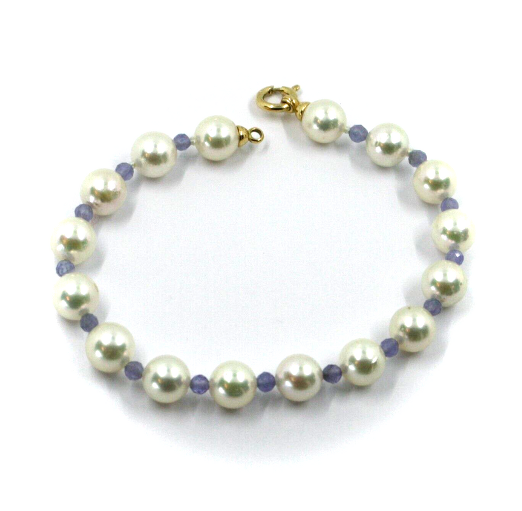 Pulsera de oro amarillo de 18 quilates de 19,7 cm con perlas blancas Akoya de 8/8,5 mm y tanzanita facetada de 3,5 mm.