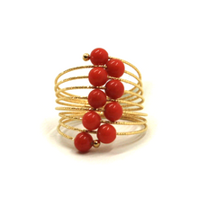 Load image into Gallery viewer, 18K YELLOW GOLD BAND RING, ELASTIC WORKED MULTI WIRES, SNAKE SPIRAL RED CORAL
