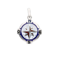 solid 18k white gold, white blue red enamel round pendant 20mm, compass medal