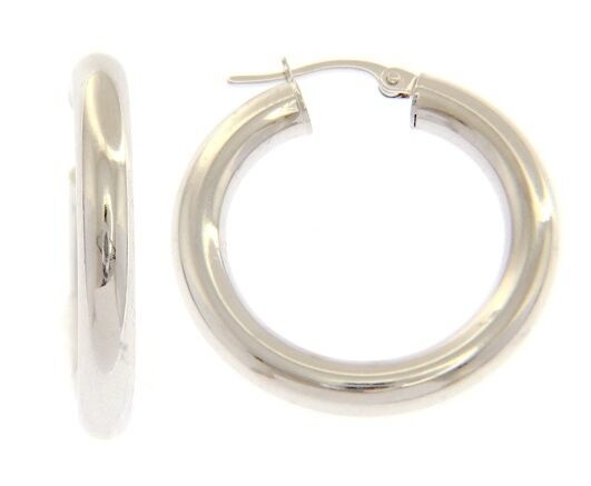 18K WHITE GOLD ROUND CIRCLE HOOP EARRINGS DIAMETER 20 MM x 4 MM, MADE IN ITALY