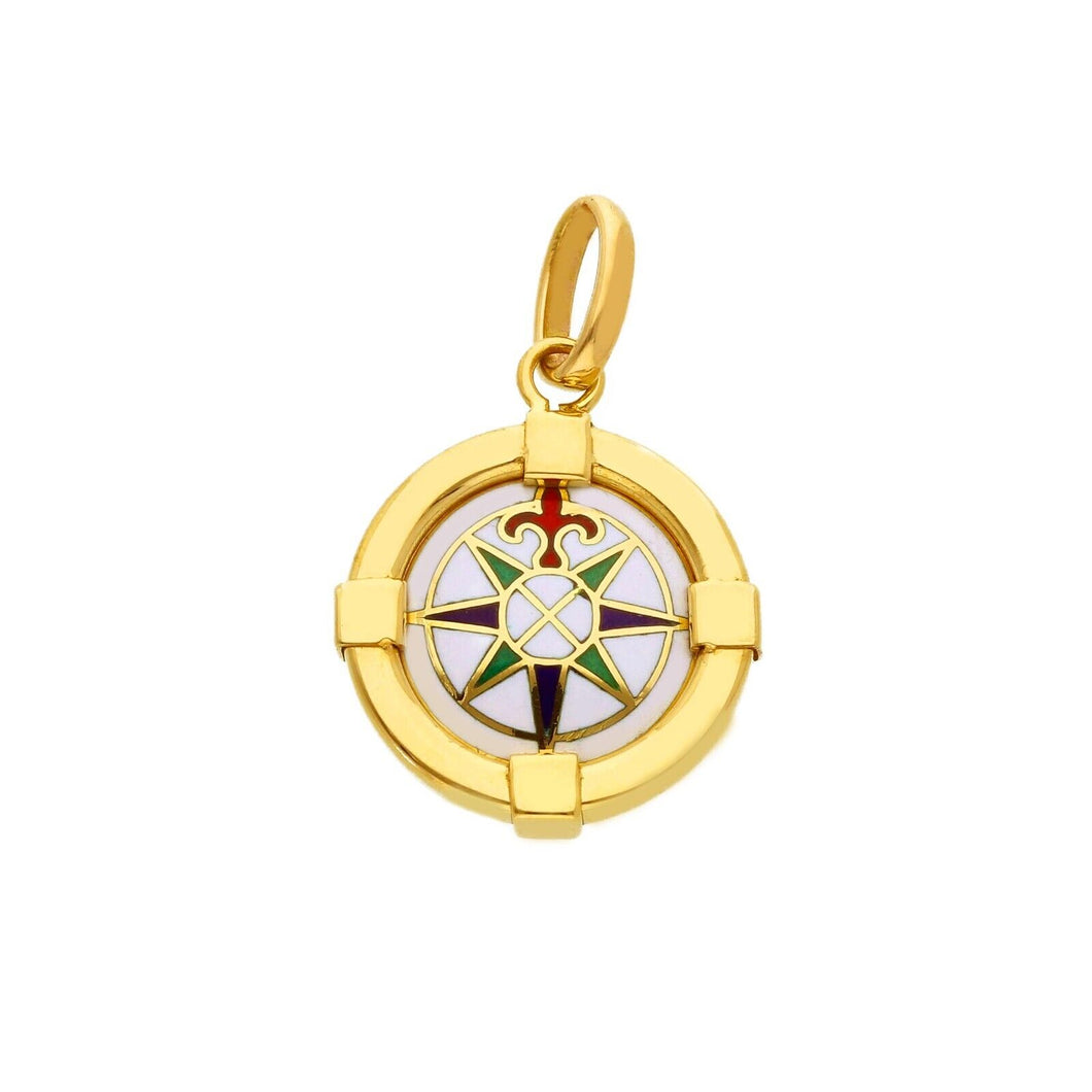 18k yellow gold, red blue green enamel round 17mm compass pendant with frame