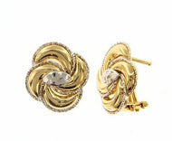18K WHITE YELLOW GOLD FLOWER OVAL EARRINGS FINELY WORKED, TWISTED, MADE IN ITALY