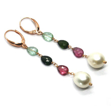 Load image into Gallery viewer, 18K ROSE GOLD LONG EARRINGS PURPLE BLUE GREEN TOURMALINE DROPS BIG 12mm PEARL
