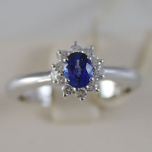 Load image into Gallery viewer, 18K WHITE GOLD FLOWER RING, DIAMOND &amp; OVAL BLUE SAPPHIRE, 0.65
