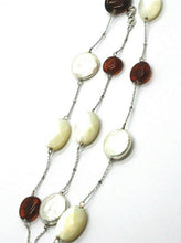 Load image into Gallery viewer, 18K WHITE GOLD NECKLACE, ALTERNATE AMBER, PEARL DISC AND OVAL MOTHER OF PEARL
