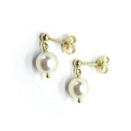 SOLID 18K YELLOW GOLD LONG EARRINGS, SALTWATER AKOYA PEARLS DIAMETER 7.5/8 MM