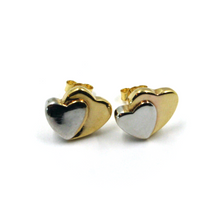 Load image into Gallery viewer, 18k yellow white gold stud 10x13mm double heart, hearts hug earrings
