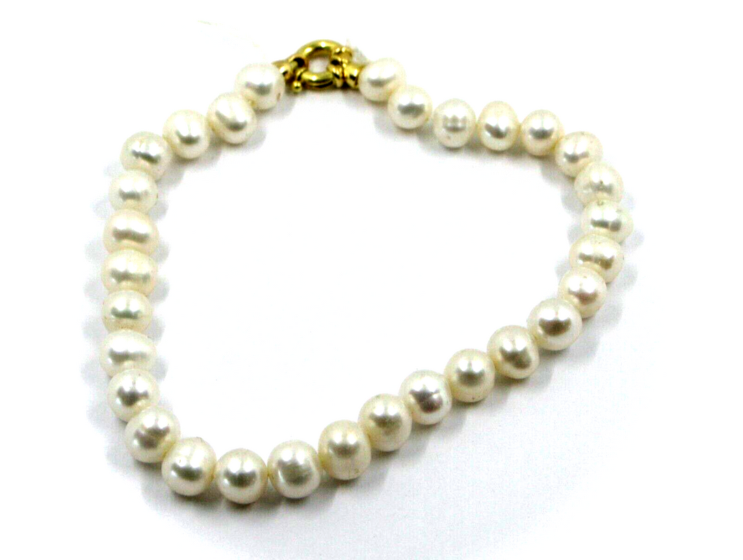 Pulsera de oro amarillo de 18 quilates de 18,1 cm con perlas barrocas de agua dulce blancas redondas/ovaladas de 7-7,5 mm.