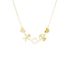 Load image into Gallery viewer, 18k yellow gold rolo necklace family central with 6mm boy girl and hearts, love
