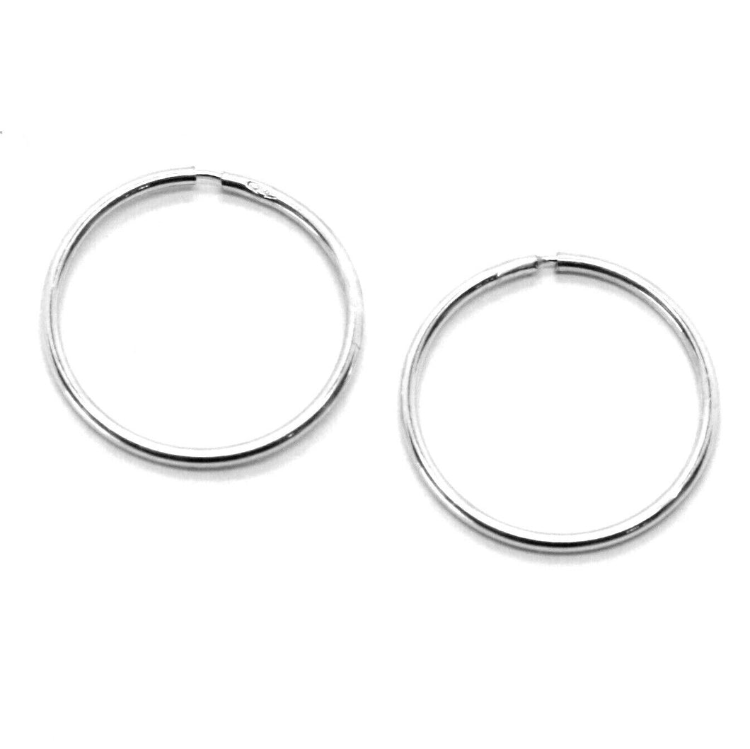 18K WHITE GOLD ROUND CIRCLE HOOP EARRINGS DIAMETER 15 MM x 1 MM, MADE IN ITALY