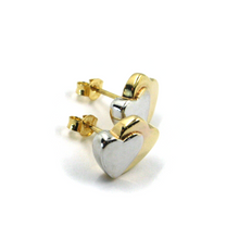 Load image into Gallery viewer, 18k yellow white gold stud 10x13mm double heart, hearts hug earrings
