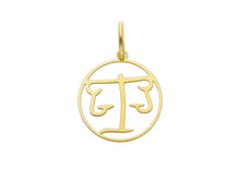 Load image into Gallery viewer, 18k yellow gold zodiac sign round small 15mm flat pendant, zodiacal, libra
