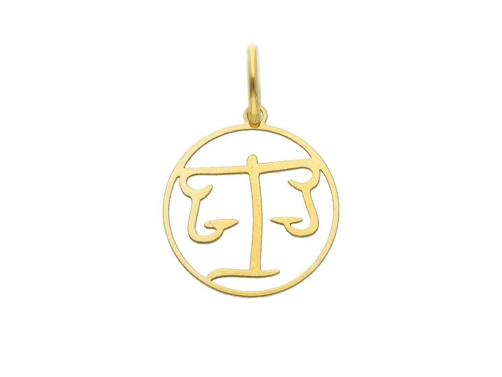 18k yellow gold zodiac sign round small 15mm flat pendant, zodiacal, libra