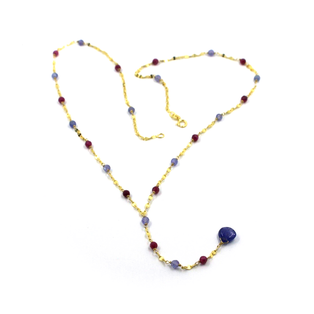 18k yellow gold oval lariat necklace with 3mm faceted red ruby blue tanzanite