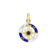 18k yellow gold, white blue enamel round pendant, diameter 15mm compass medal