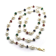 Load image into Gallery viewer, 18K YELLOW GOLD 20&quot; NECKLACE ALTERNATE 4mm SAPPHIRE EMERALD RUBY &amp; 6.5mm PEALS
