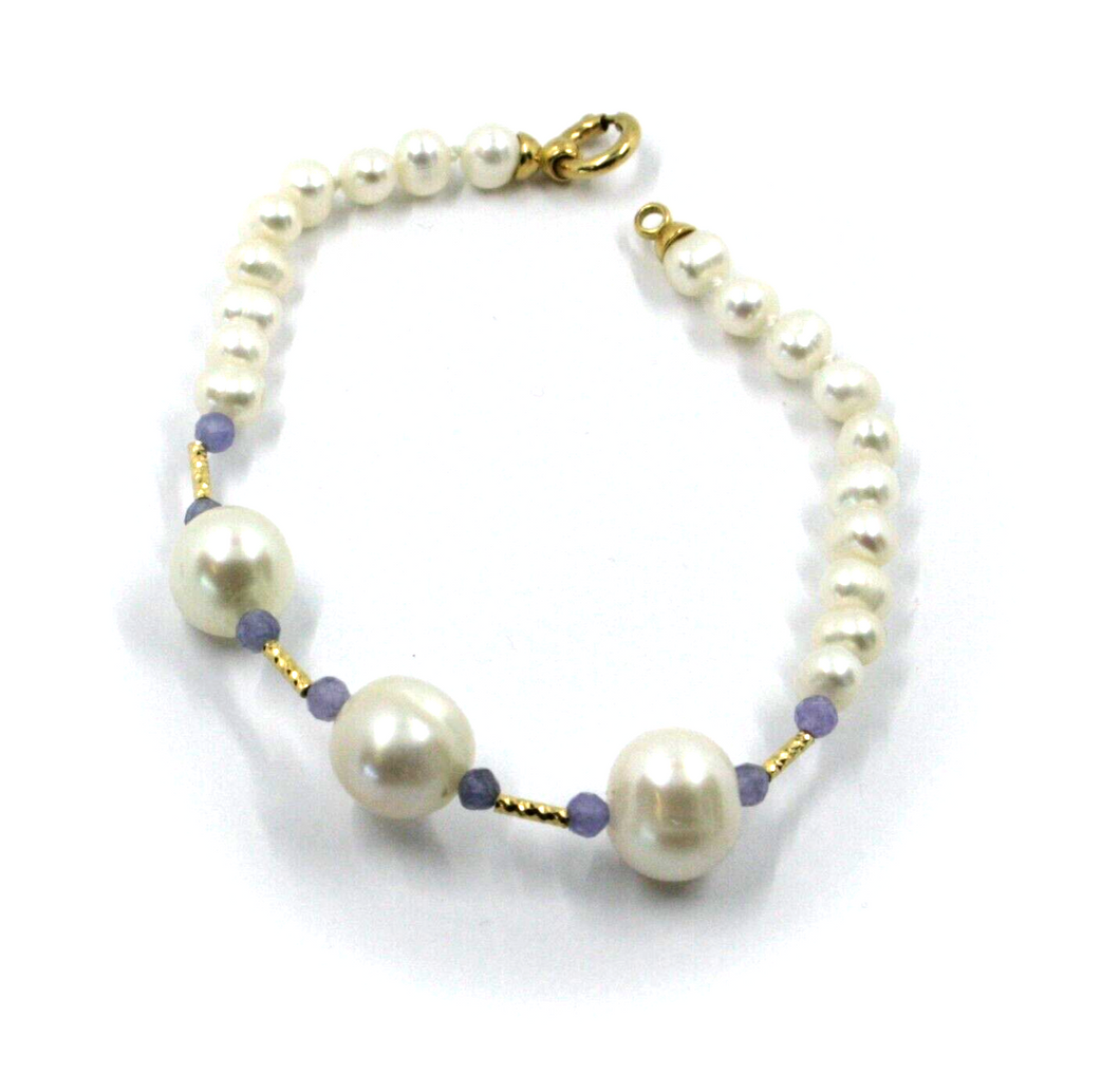 Pulsera de oro amarillo de 18 quilates de 18,1 cm con perlas blancas ovaladas de 6/10 mm y tanzanita facetada.