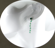 Load image into Gallery viewer, 18k white gold 4.2cm long earrings with 3mm chalcedony and 4mm green zirconia
