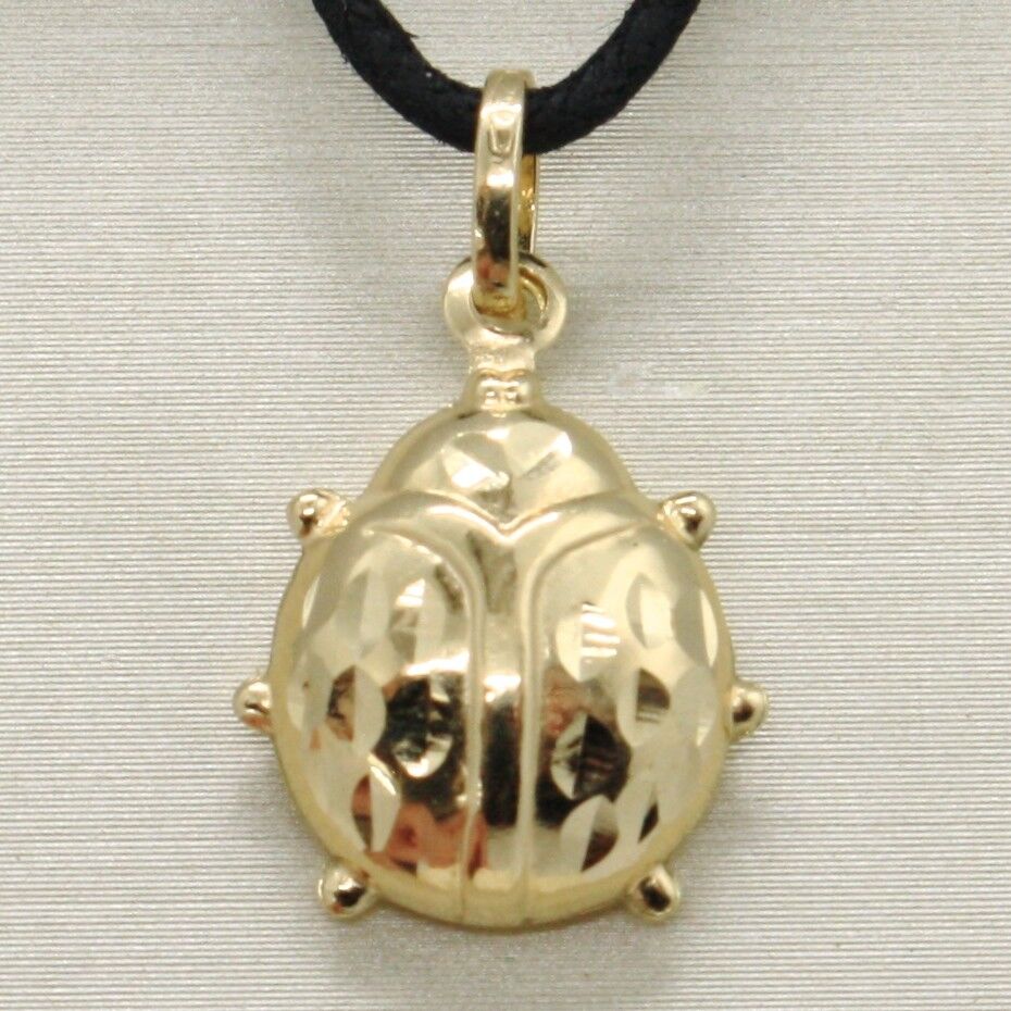 18K YELLOW GOLD ROUNDED LADYBUG PENDANT CHARM 20 MM WORKED & BRIGHT, ITALY MADE