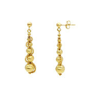 18k yellow gold long 43mm earrings diamond cut 3-8mm spheres double frame