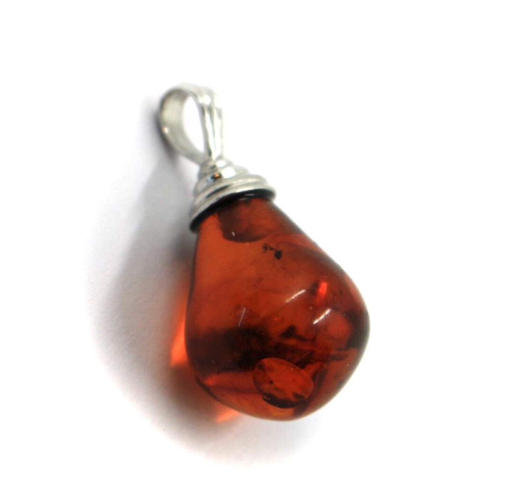 Pendentif en or blanc 18 carats avec ambre orange naturel en forme de goutte 19x13 mm