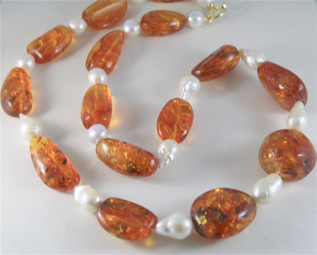 SOLID 18K YELLOW GOLD NECKLACE WITH DROP PEARLS AND BALTIC AMBER MADE IN ITALY