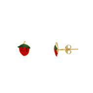 18k yellow gold stud kids earrings, small enamel 6mm red strawberry
