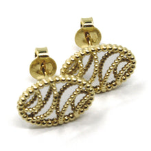 Load image into Gallery viewer, 18K YELLOW WHITE GOLD BOTTON OVAL EARRINGS 14 MM, DOUBLE LAYER WORKED MIRROR
