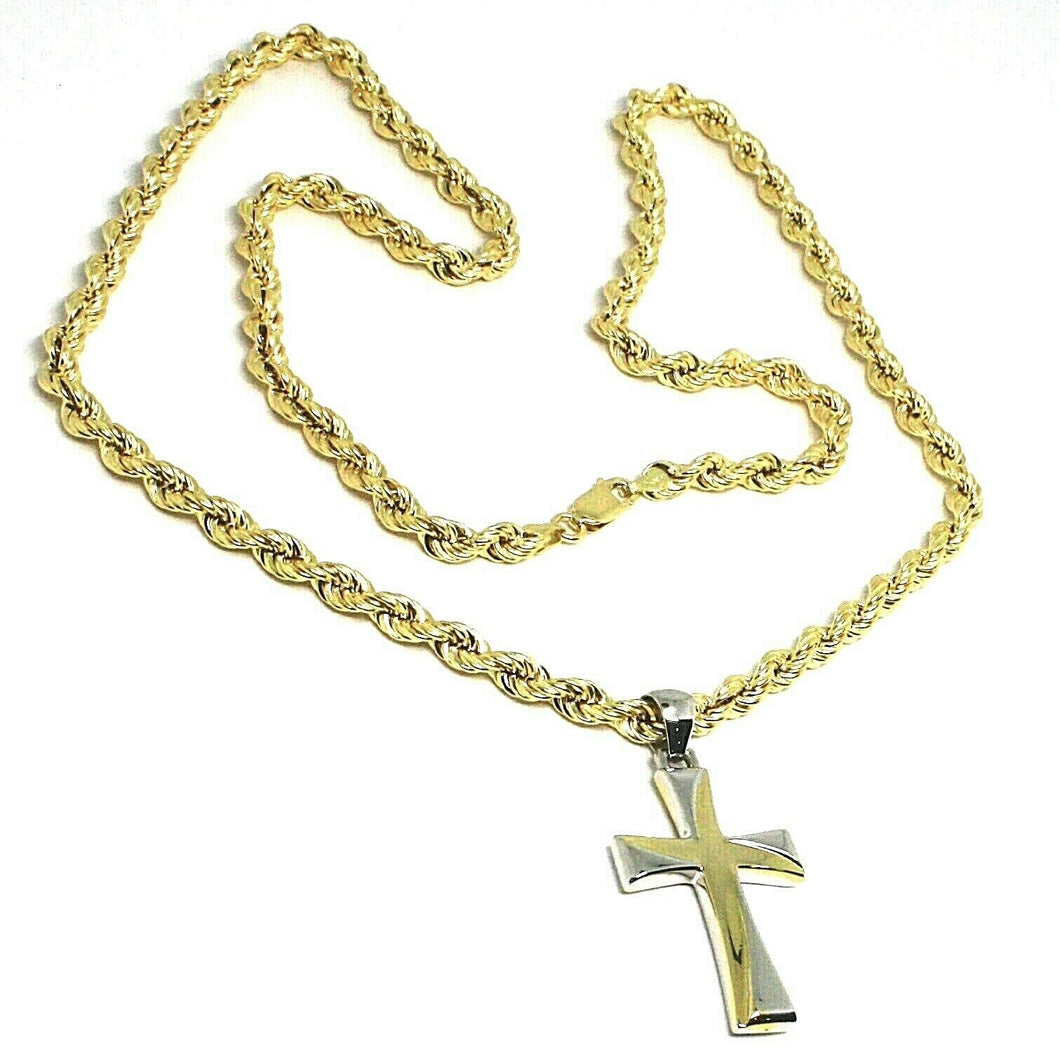 18K YELLOW GOLD BIG 5 MM ROPE CHAIN, 24 INCHES & STYLIZED SQUARE TWO TONE CROSS