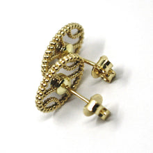 Load image into Gallery viewer, 18K YELLOW WHITE GOLD BOTTON OVAL EARRINGS 14 MM, DOUBLE LAYER WORKED MIRROR
