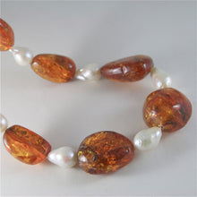 Load image into Gallery viewer, SOLID 18K YELLOW GOLD NECKLACE WITH DROP PEARLS AND BALTIC AMBER MADE IN ITALY
