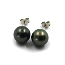 Load image into Gallery viewer, 18k white gold stud earrings with black big Tahitian pearls, diameter 10mm
