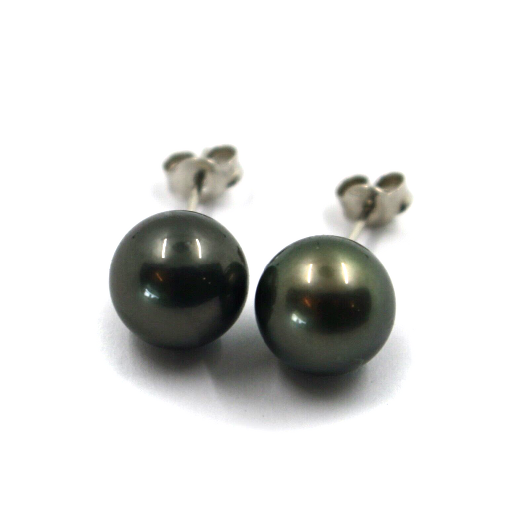 18k white gold stud earrings with black big Tahitian pearls, diameter 10mm