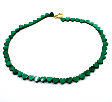 Load image into Gallery viewer, 18k yellow gold necklace 16&quot; with 7mm green natural malachite flat hearts
