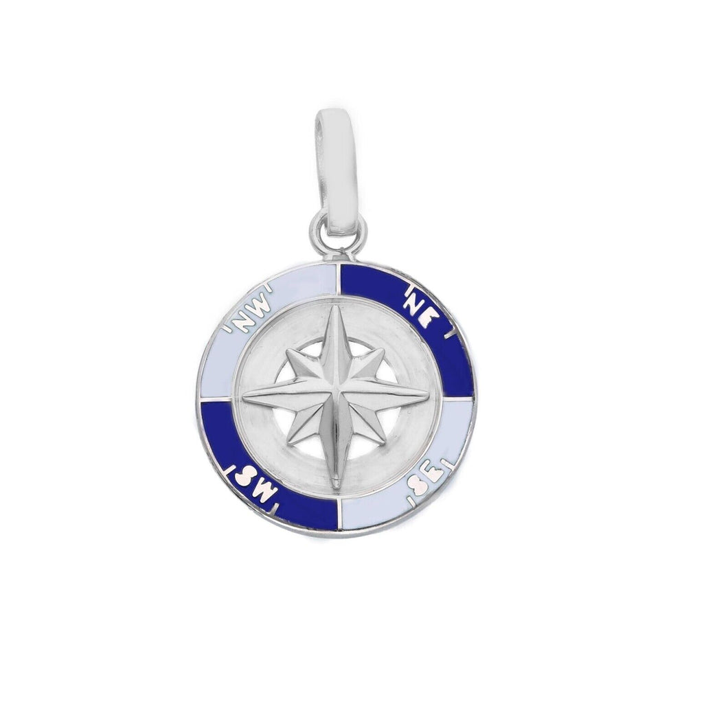 solid 18k white gold, white and blue enamel round pendant 17mm, compass medal