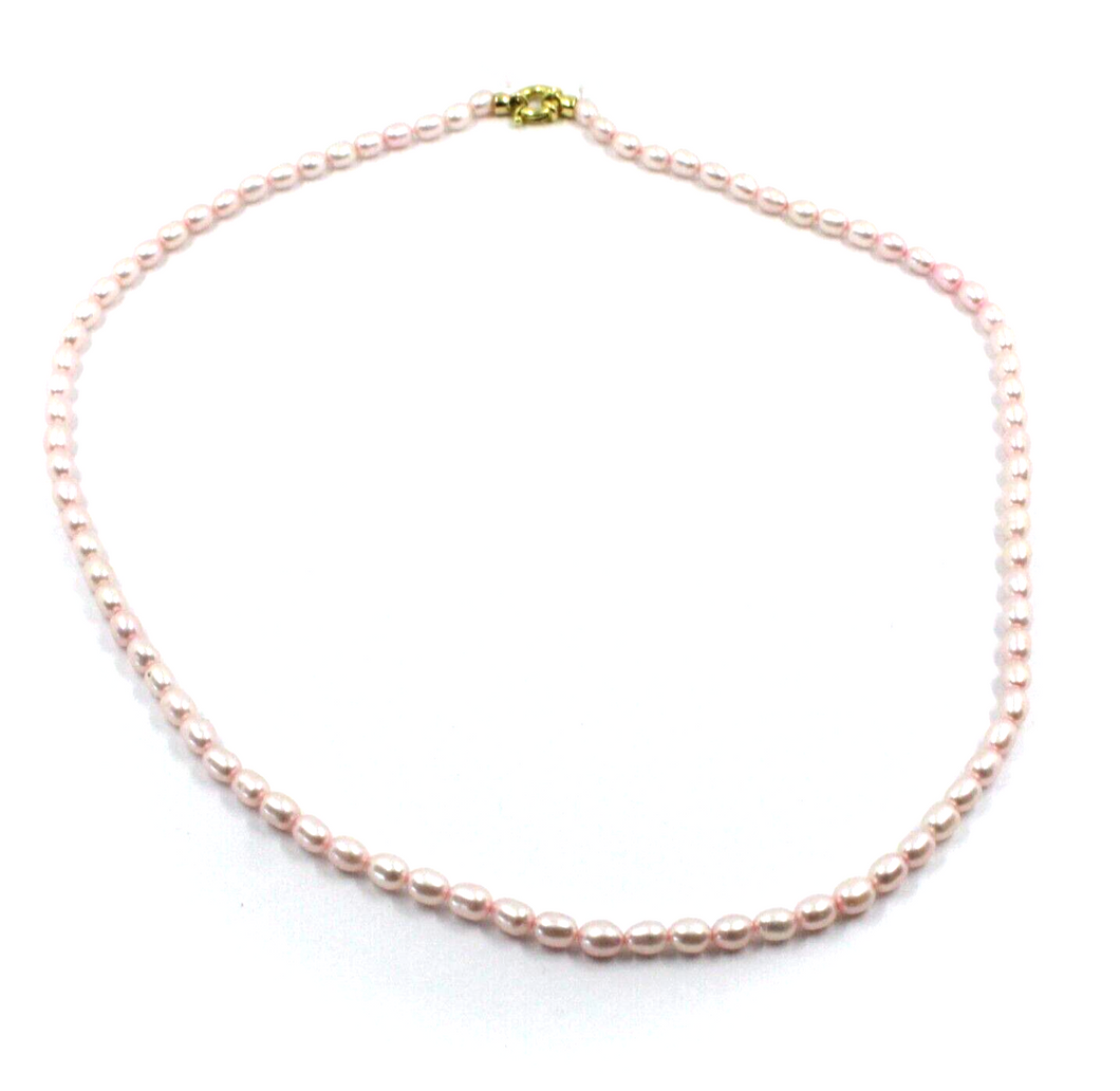 Collar de oro amarillo de 18 quilates de 40,6 cm con perlas de agua dulce ovaladas de color rosa, de grano de arroz, de 3,5 x 5 mm.