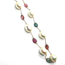 Load image into Gallery viewer, 18K ROSE GOLD LONG NECKLACE ROLO, BIG 12mm PEARLS &amp; TOURMALINE DROPS 26.7&quot;
